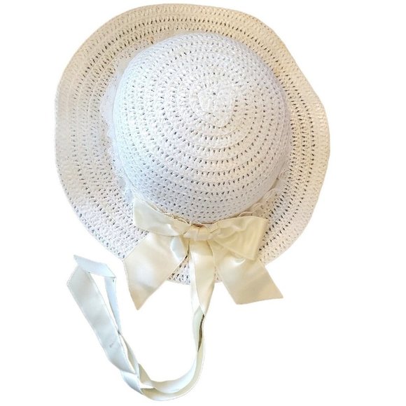 Vintage 90s Girls White Blue Floral Striped Bib Collar Party Dress w Hat Sz 5 - Picture 9 of 14